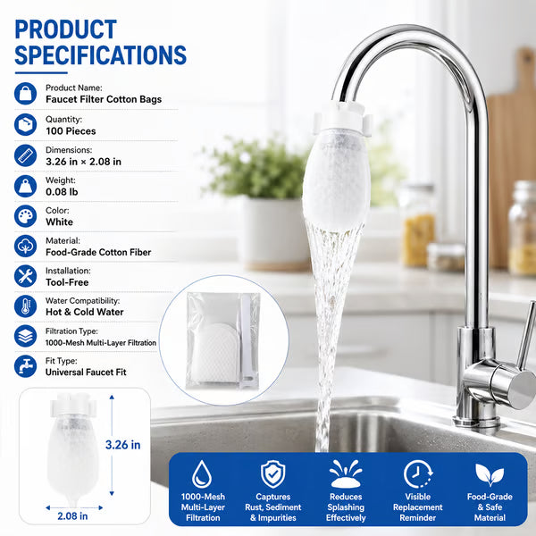 Faucet Filter Cotton Bags(50PCS) - Universal, Splash-Proof Faucet Filter Set