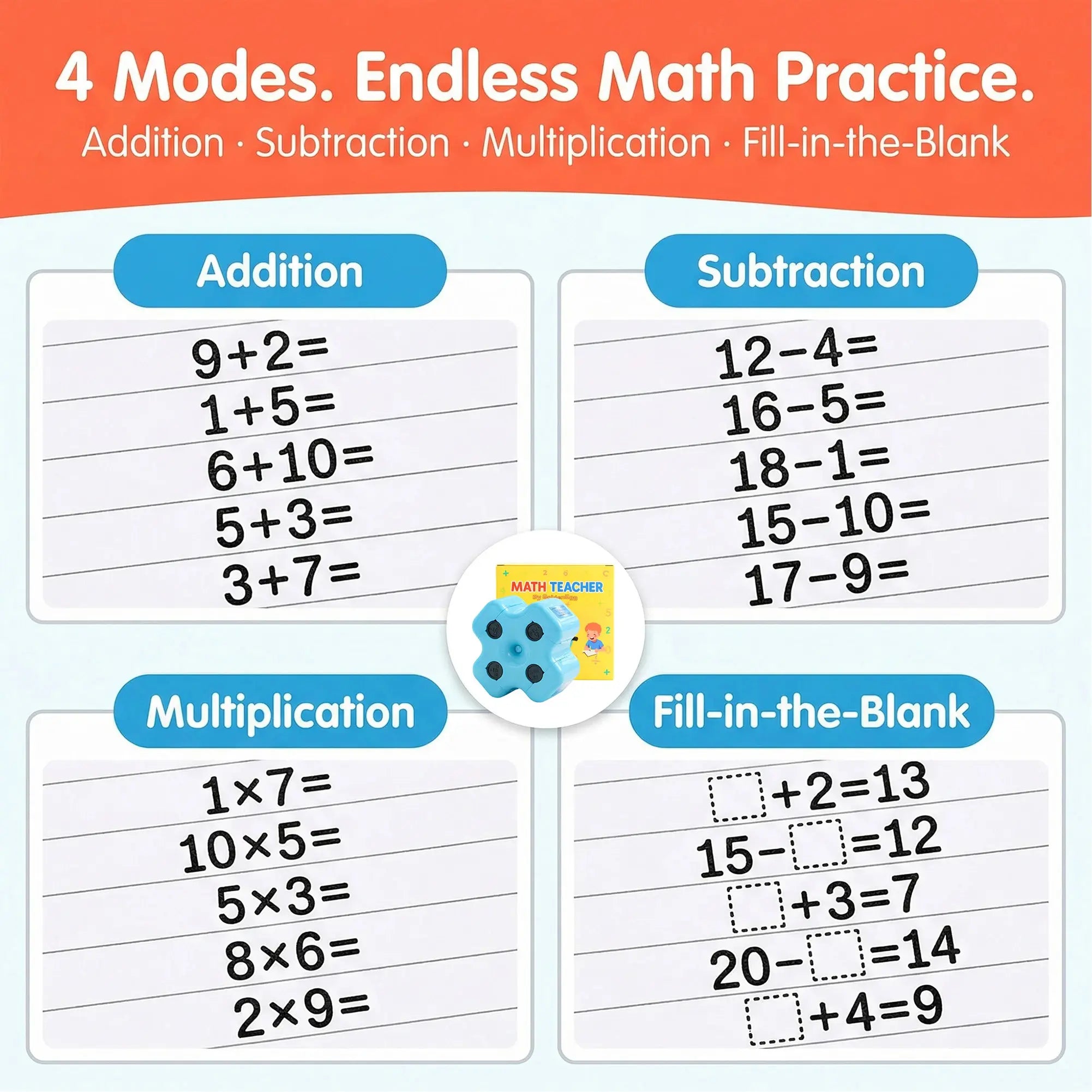 Math Teacher 4 in 1 Math Roller Stamp, Addition Subtraction Multiplication Practice Tool, Math Stamp Ink Roller for Kids Ages 5-9 1st 2nd 3rd Grade Classroom Homeschool Home Use, Math Gift for Kids, Summer Learning | GoldenEgg